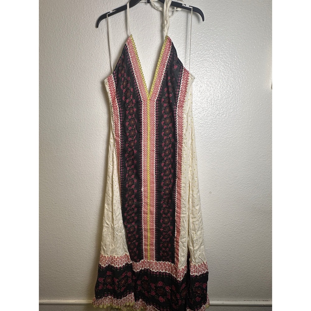 Free People Cubana Border Print Chiffon Halter Maxi Dress Ivory Combo Sz XL